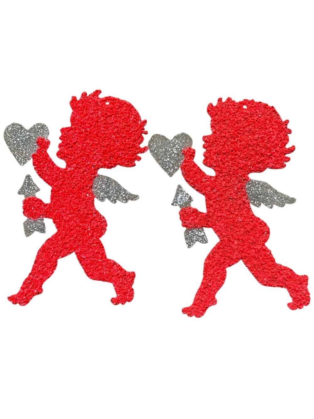 Vintage Valentine Cupid Wall Hanging Pair Red Glitter Plastic Popcorn Decor